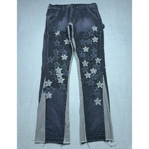 Mnml Jeans Mens 30x33 Star Patches Gray Black Colorblock Bootcut Raw Hem Lowrise